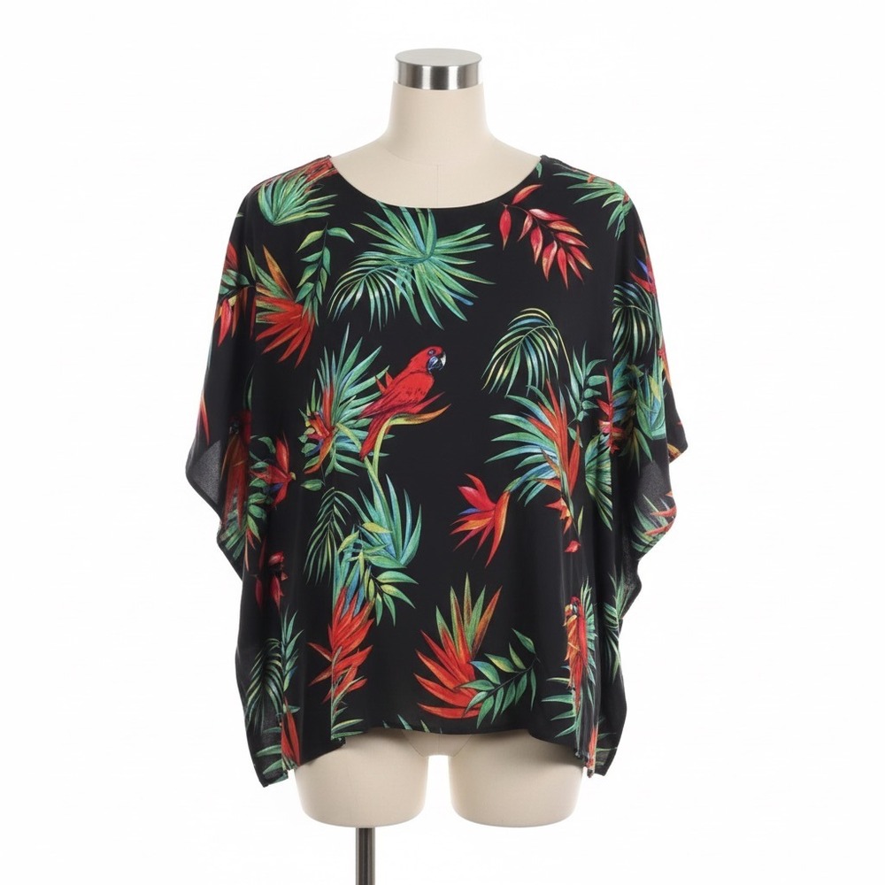 Quacker Factory Blouse S Tropical Bird Print Kaftan Kimono Bright Resort Top